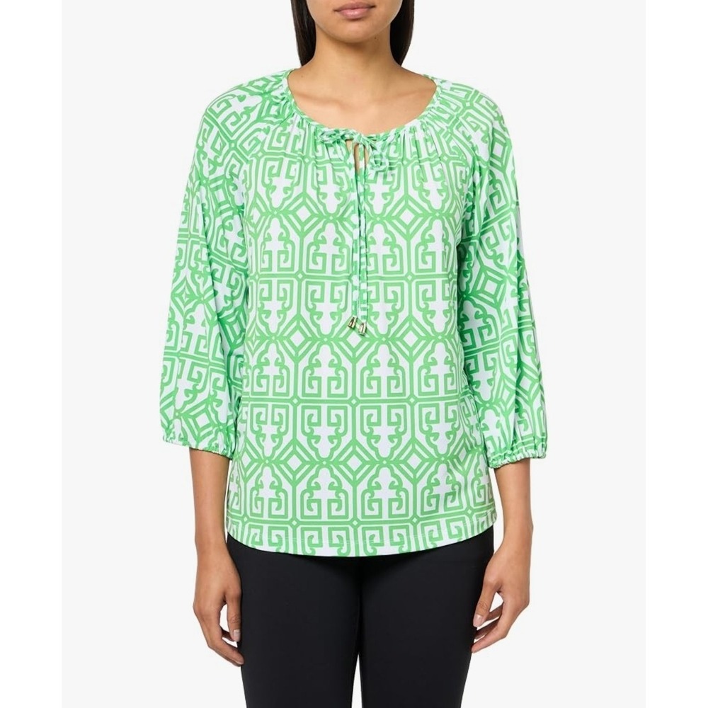 MULTIPLES Women's 3/4 Sleeve Tie Front Neck Hi-Low Peasant Top Sz Sm Green NWT